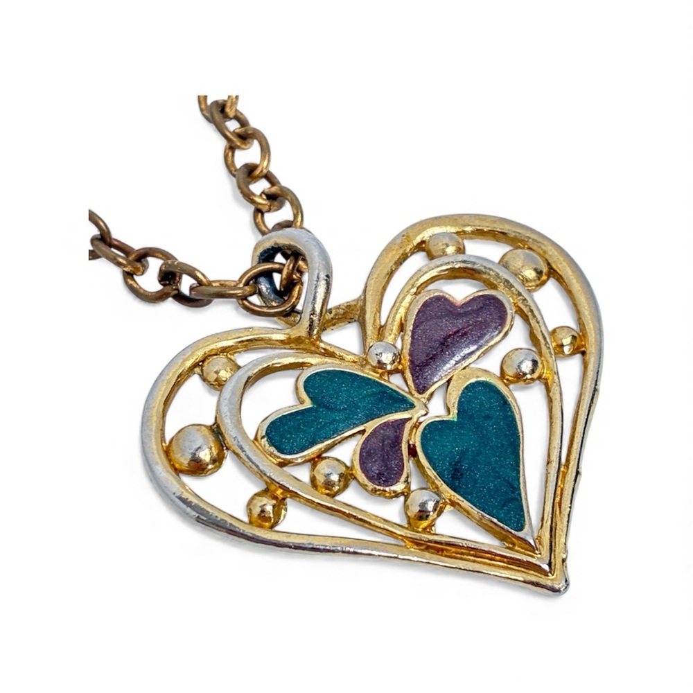 Vintage Gold Heart Necklace Teal & Purple Enamel 17 Inch Chain Toggle Closure